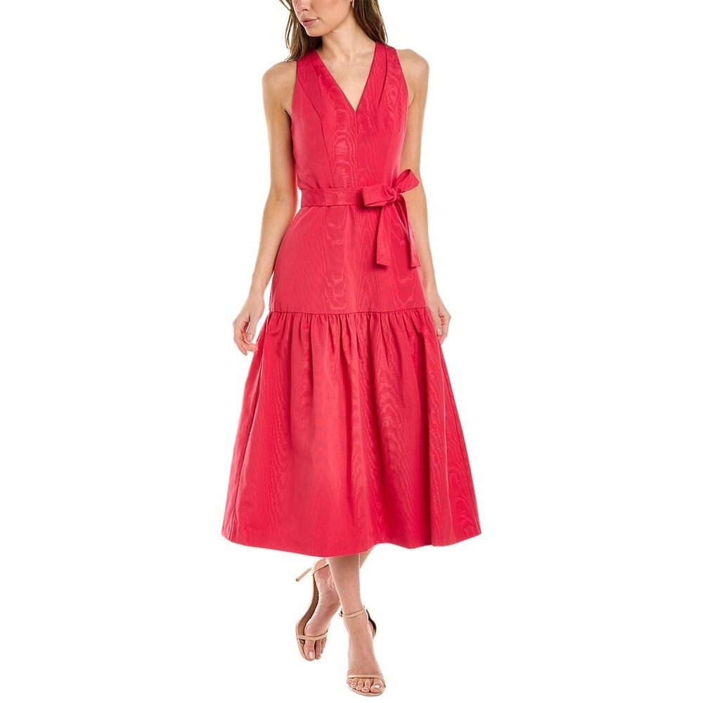 NEW Kay Unger Women Paige Midi Dress 2 Pink Easter Tie Waist Tiered V-Neck Cotto